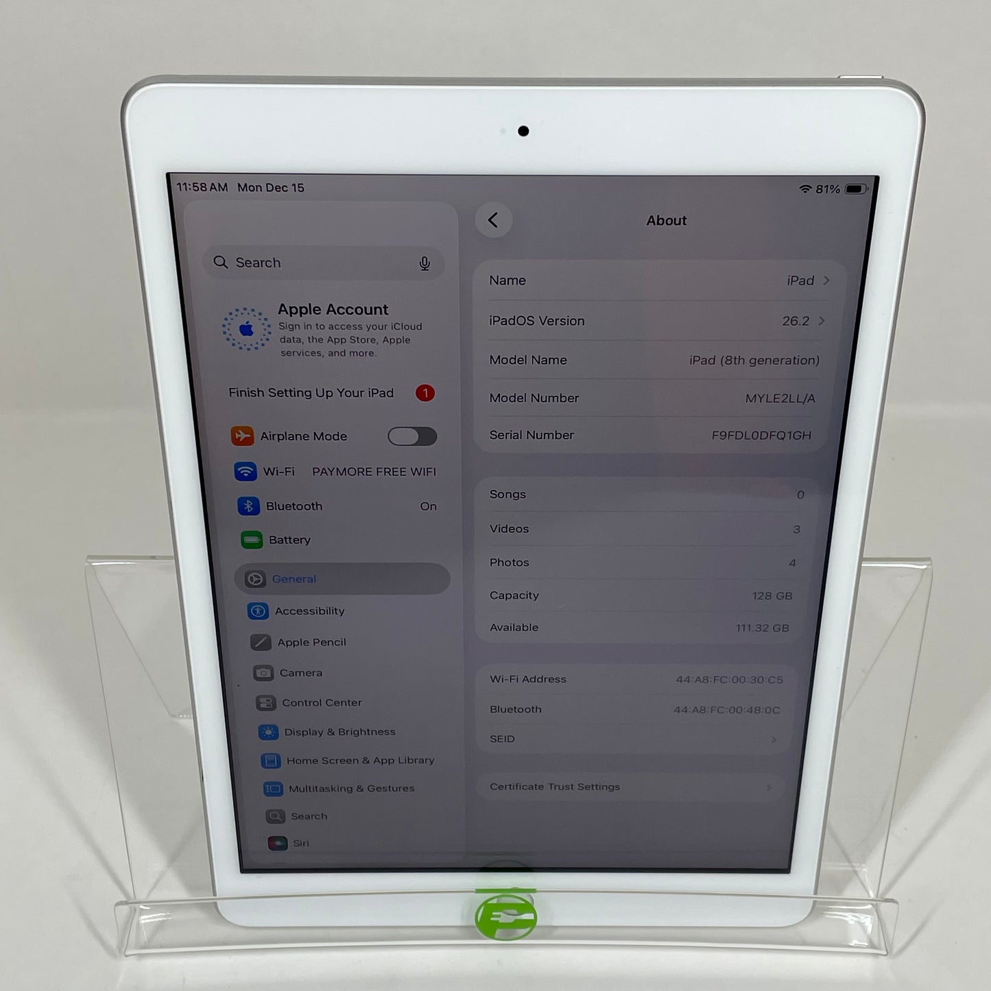 WiFi Only Apple iPad 8th Gen 128GB Silver MYLE2LL/A