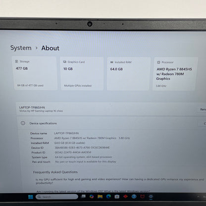 HP Victus 16-S1023DX 16" Ryzen 7 8845HS 3.8GHz 64GB RAM 512GB SSD GeForce RTX 4070