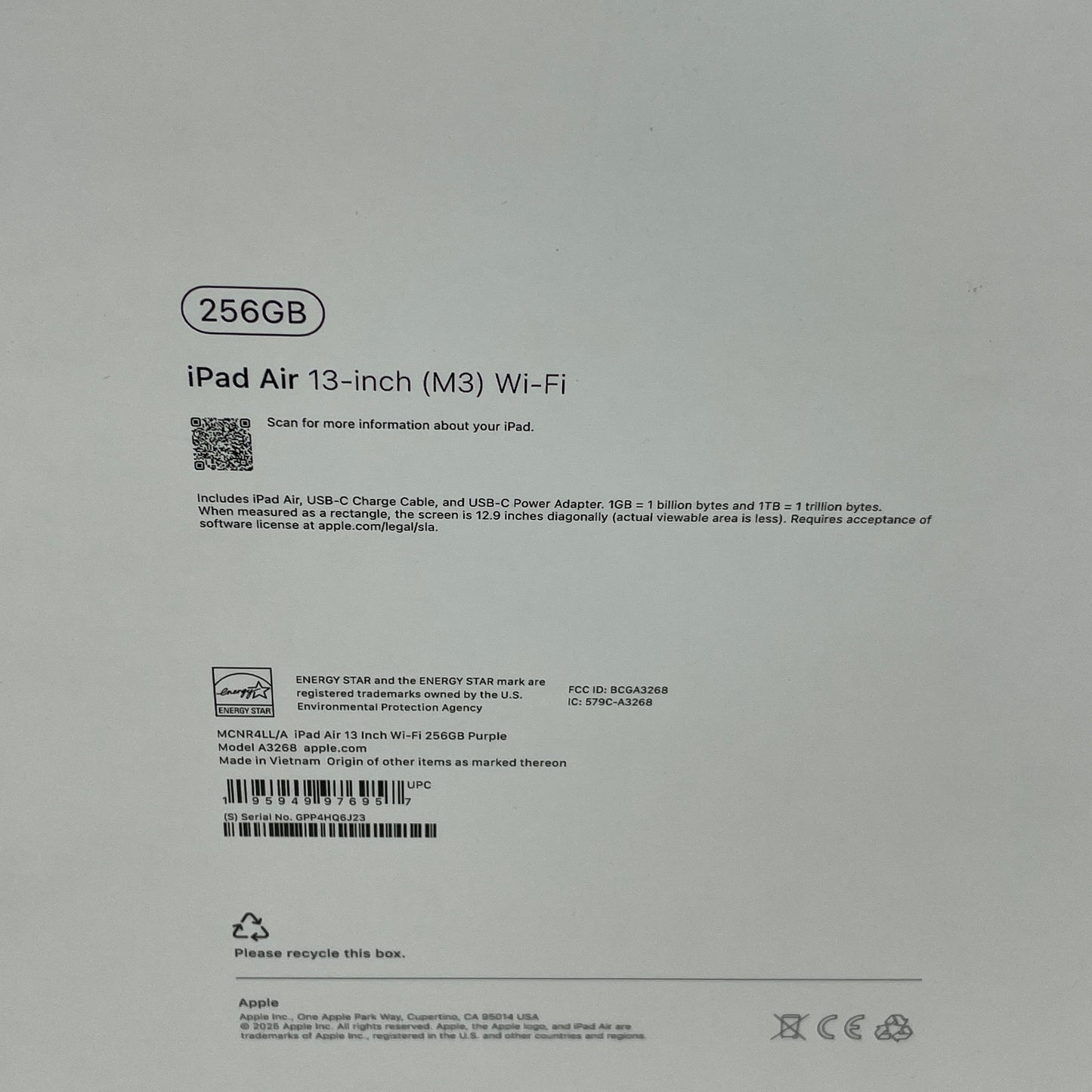 WiFi Only Apple iPad Air 13" M3 256GB Purple MCNR4LL/A