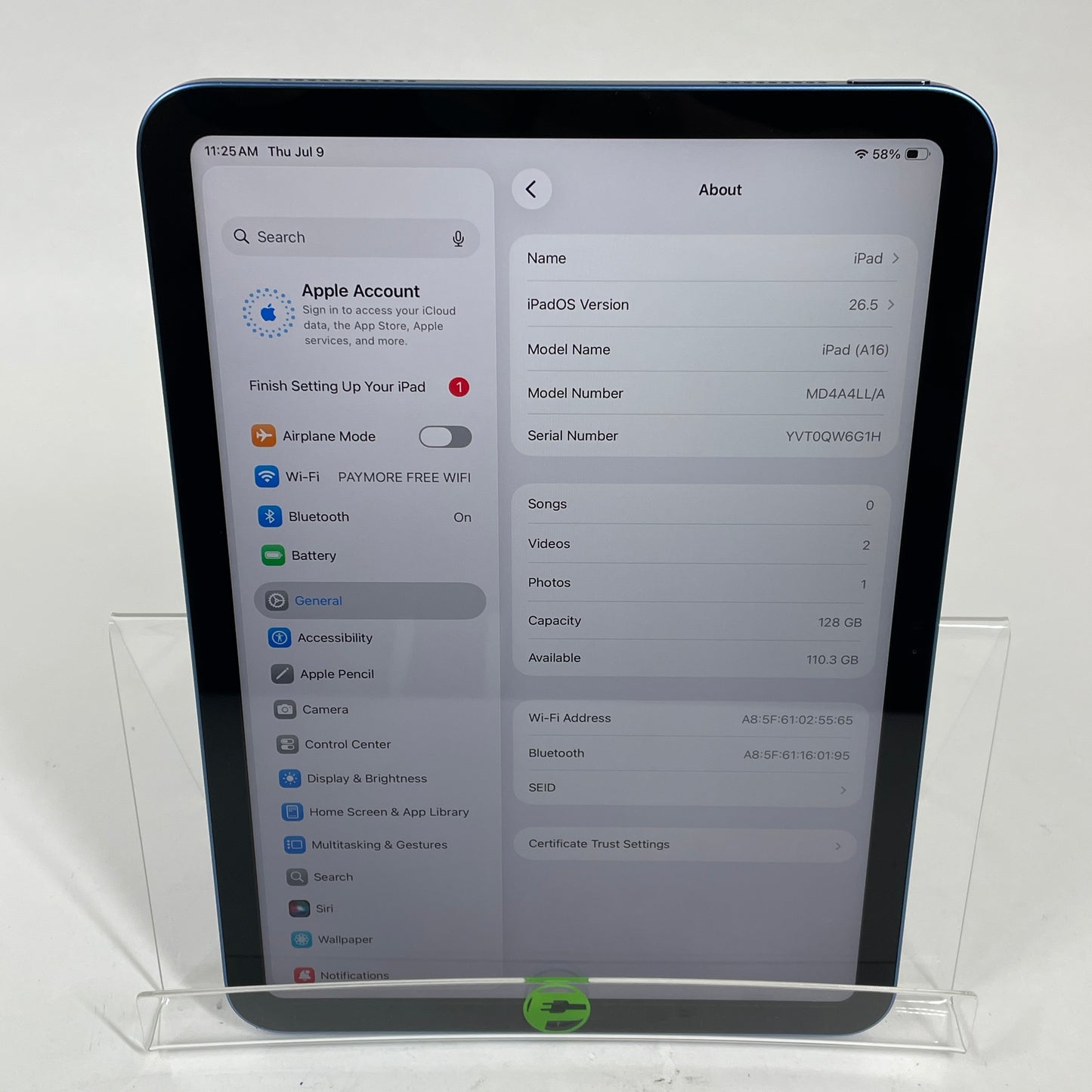 WiFi Only Apple iPad 11" (A16) 128GB Blue MD4A4LL/A