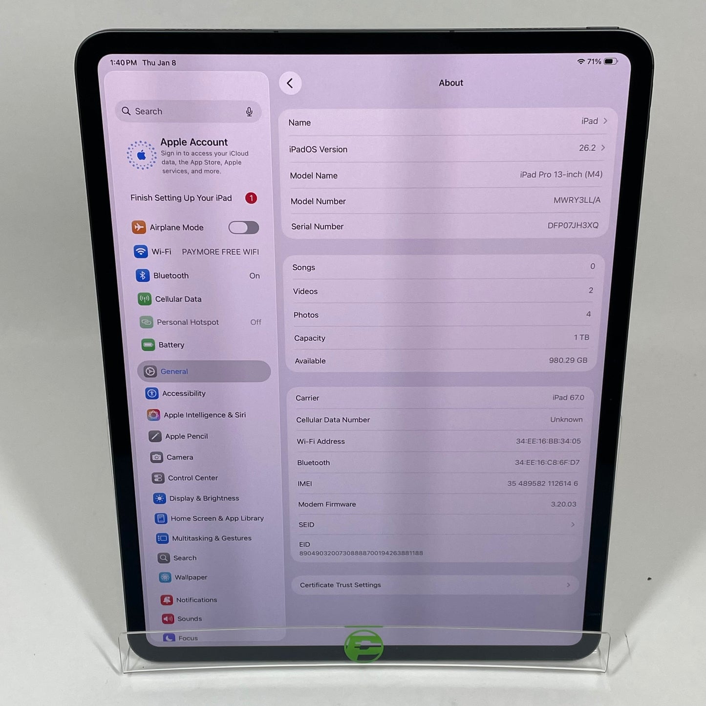 WiFi Only Apple iPad Pro 13" M4 1TB 26.2 Space Black MWRY3LL/A
