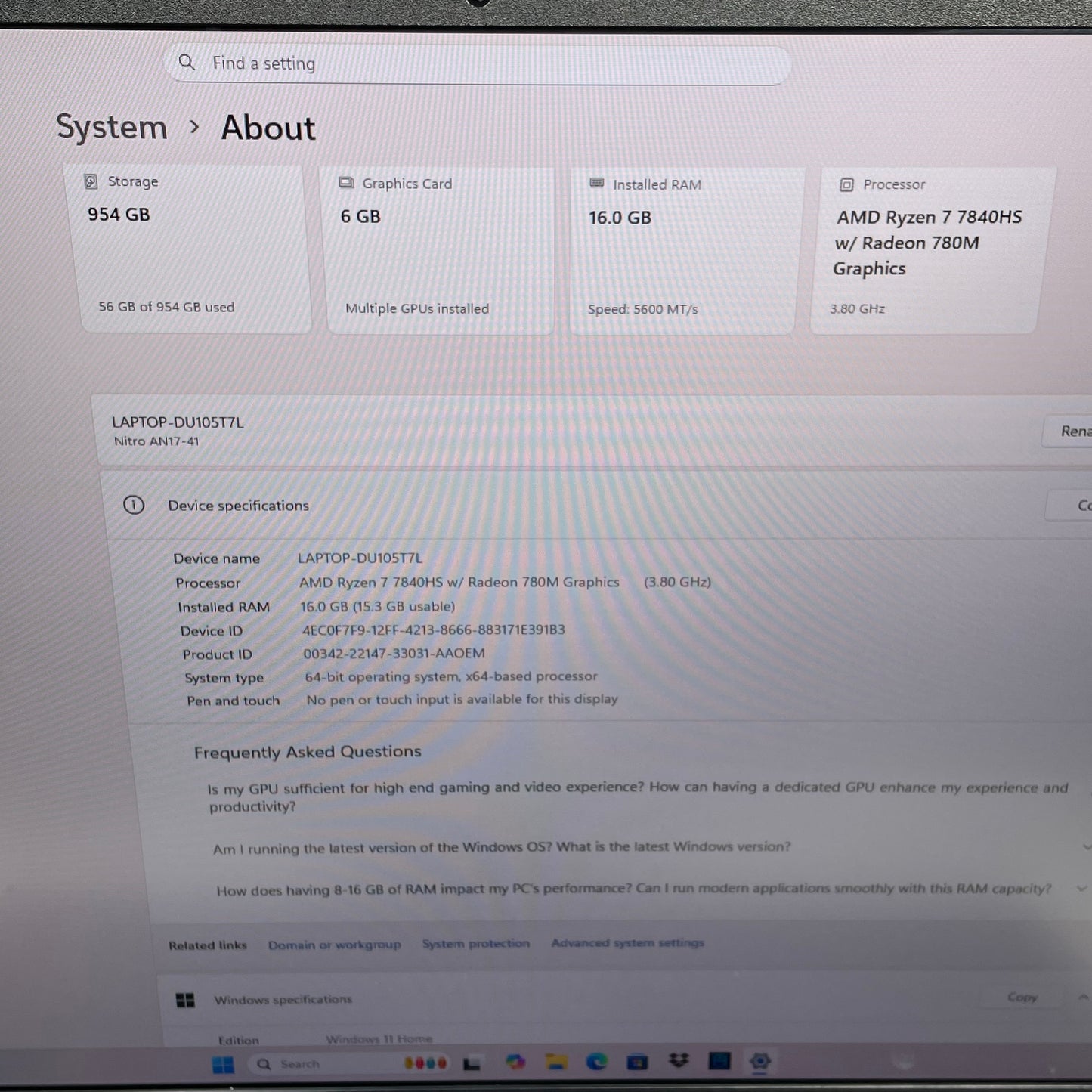 Acer Nitro 17 N23Q4 17.3" Ryzen 7 7840HS 3.8GHz 16GB RAM 1TB SSD GeForce RTX 4050