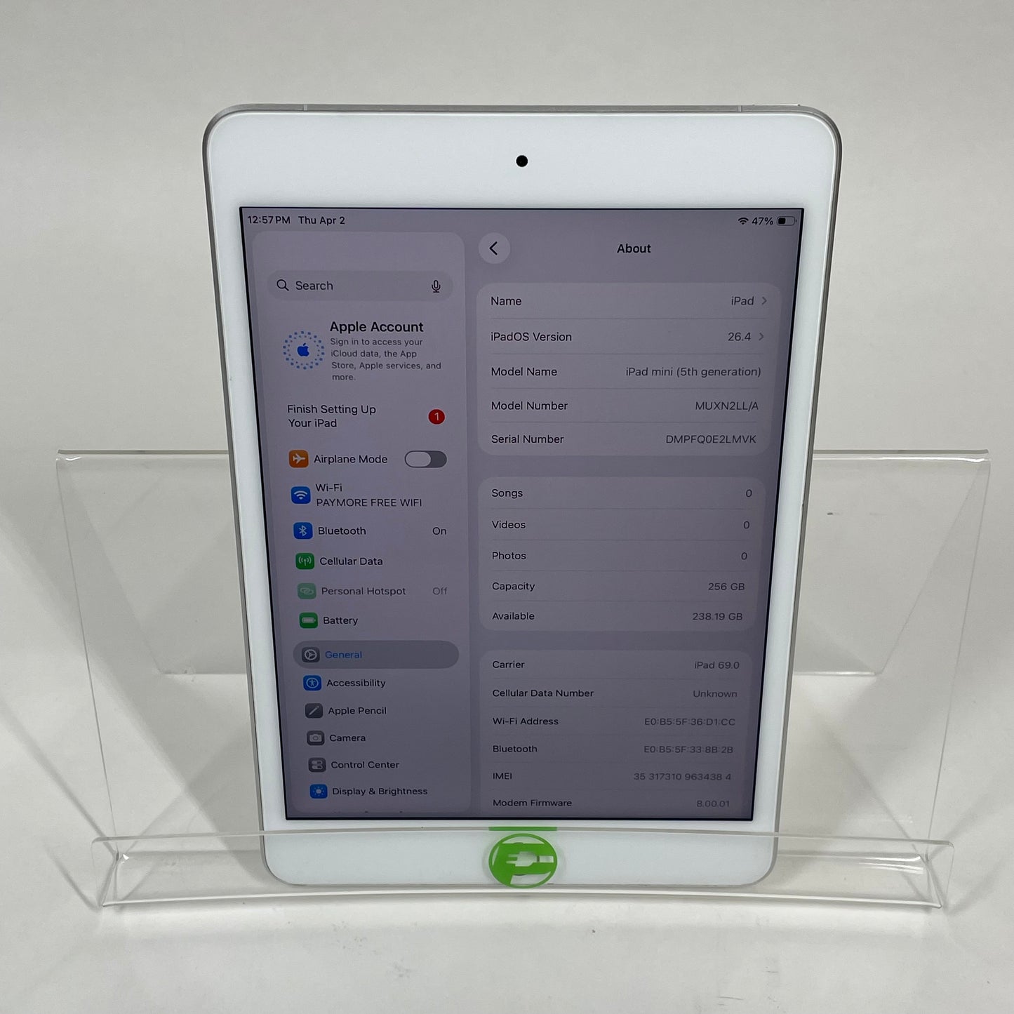 Unlocked Apple iPad Mini 5th Gen 256GB Silver MUXN2LL/A