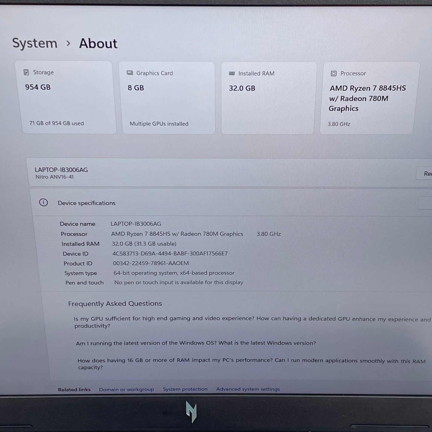 Acer Nitro V 16 ANV16-41 16" Ryzen 7 8845HS 3.8GHz 32GB RAM 1TB SSD GeForce RTX 4060