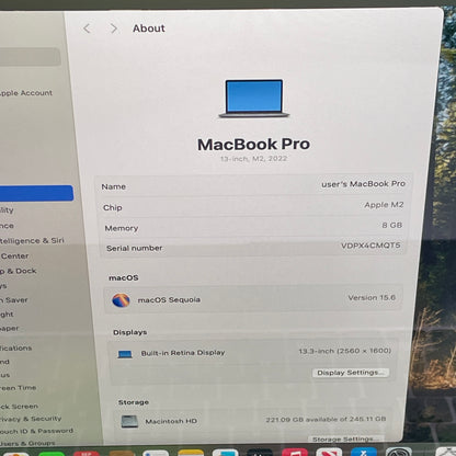 2022 Apple MacBook Pro 13.3" M2 10C GPU 3.5GHz 8GB RAM 256GB SSD MNEH3LL/A