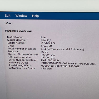 2021 Apple iMac 24" M1 8 Core 3.2GHz 16GB RAM 1TB SSD Blue MJVN3LL/A