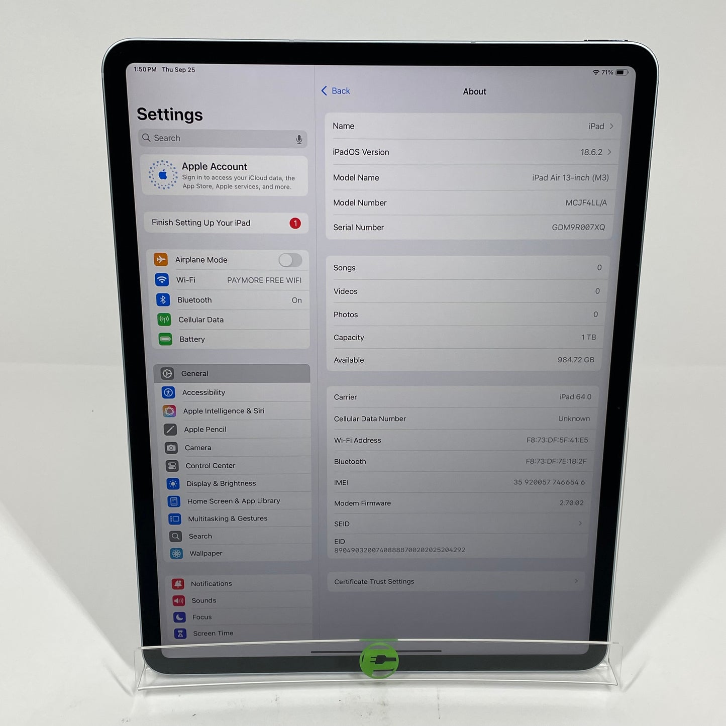 Unlocked Apple iPad Air 13" M3 1TB Blue MCJF4LL/A