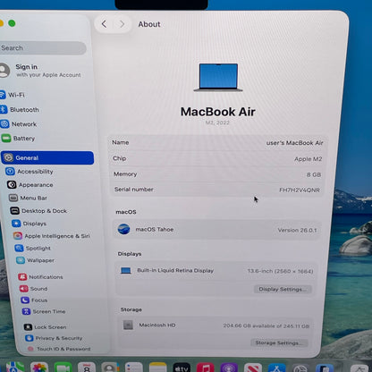 2022 Apple MacBook Air 13.6" M2 8C GPU 3.5GHz 8GB RAM 256GB SSD MLXW3LL/A
