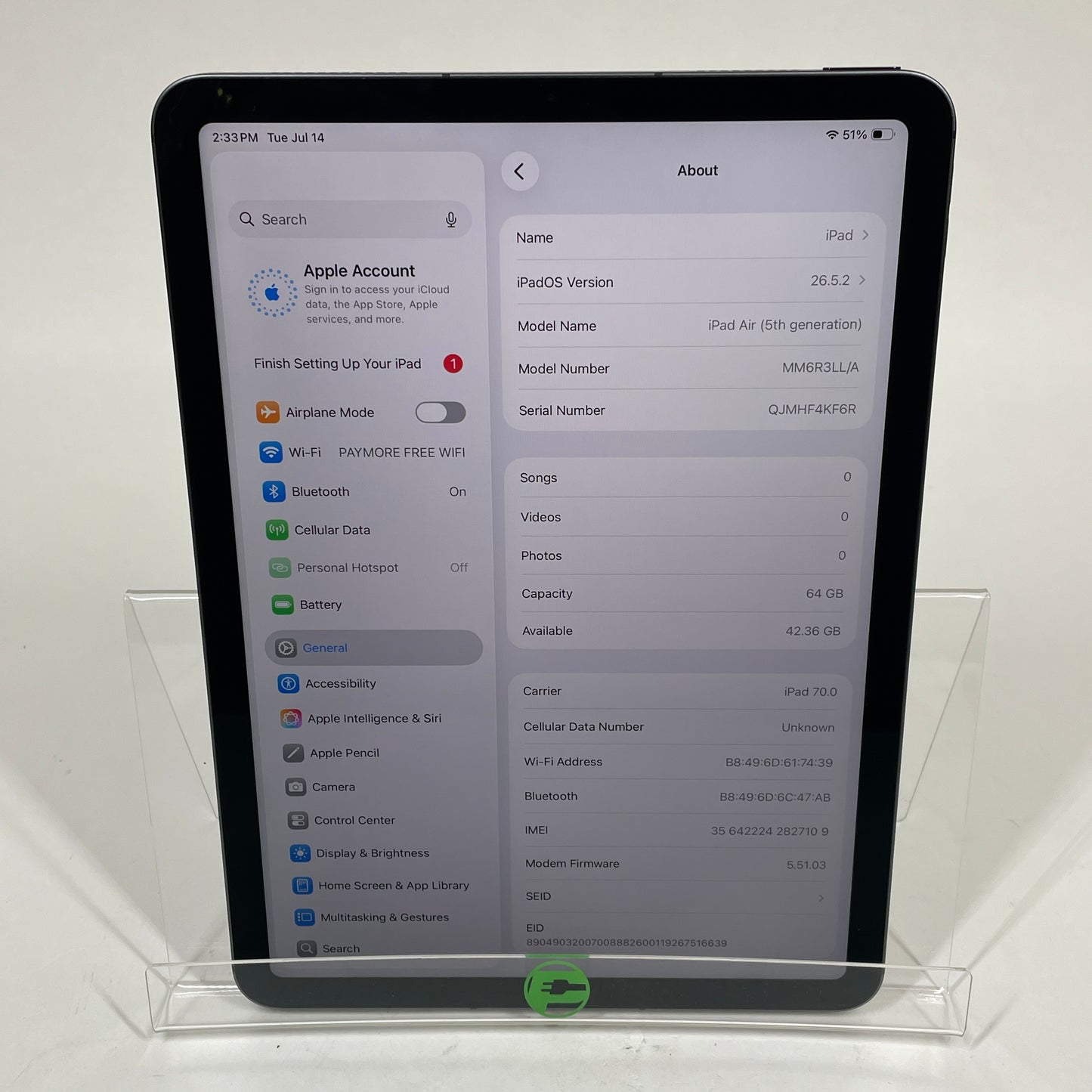 Factory Unlocked Apple iPad Air 5th Gen 64GB Space Gray MM6R3LL/A