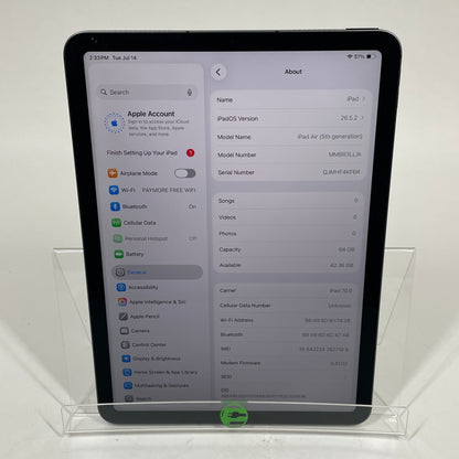 Factory Unlocked Apple iPad Air 5th Gen 64GB Space Gray MM6R3LL/A