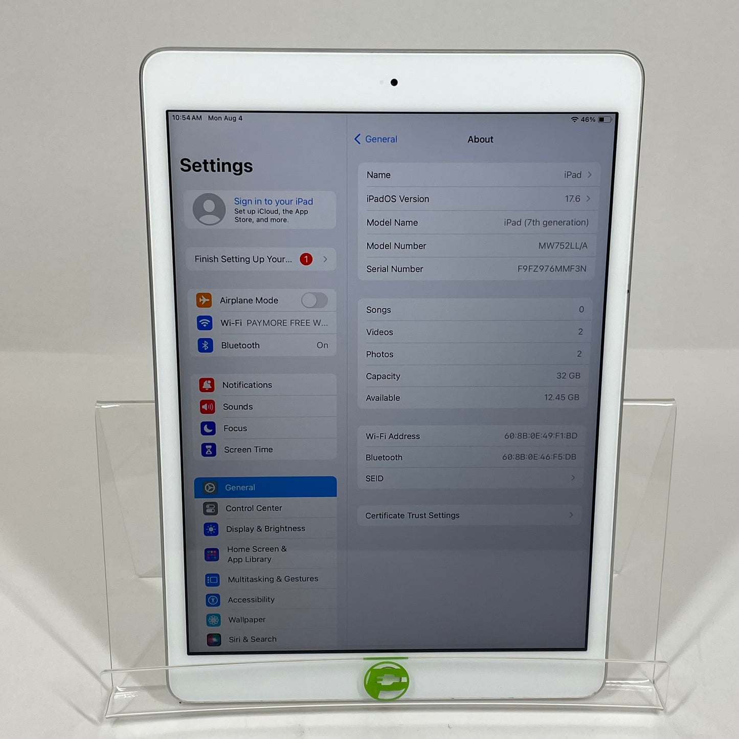 WiFi Only Apple iPad 7th Gen 32GB SILVER MW752LL/A