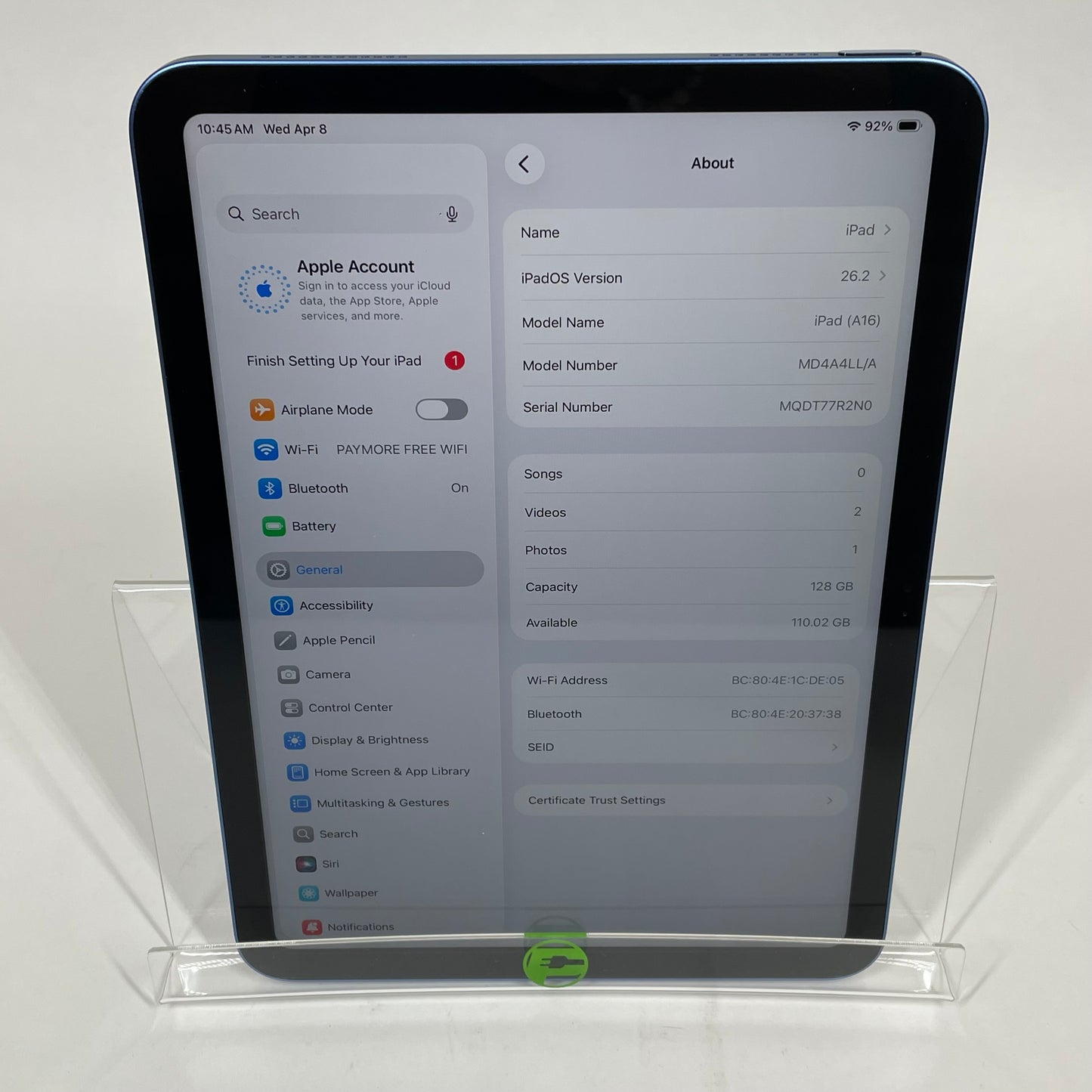 WiFi Only Apple iPad 11" (A16) 128GB Blue MD4A4LL/A