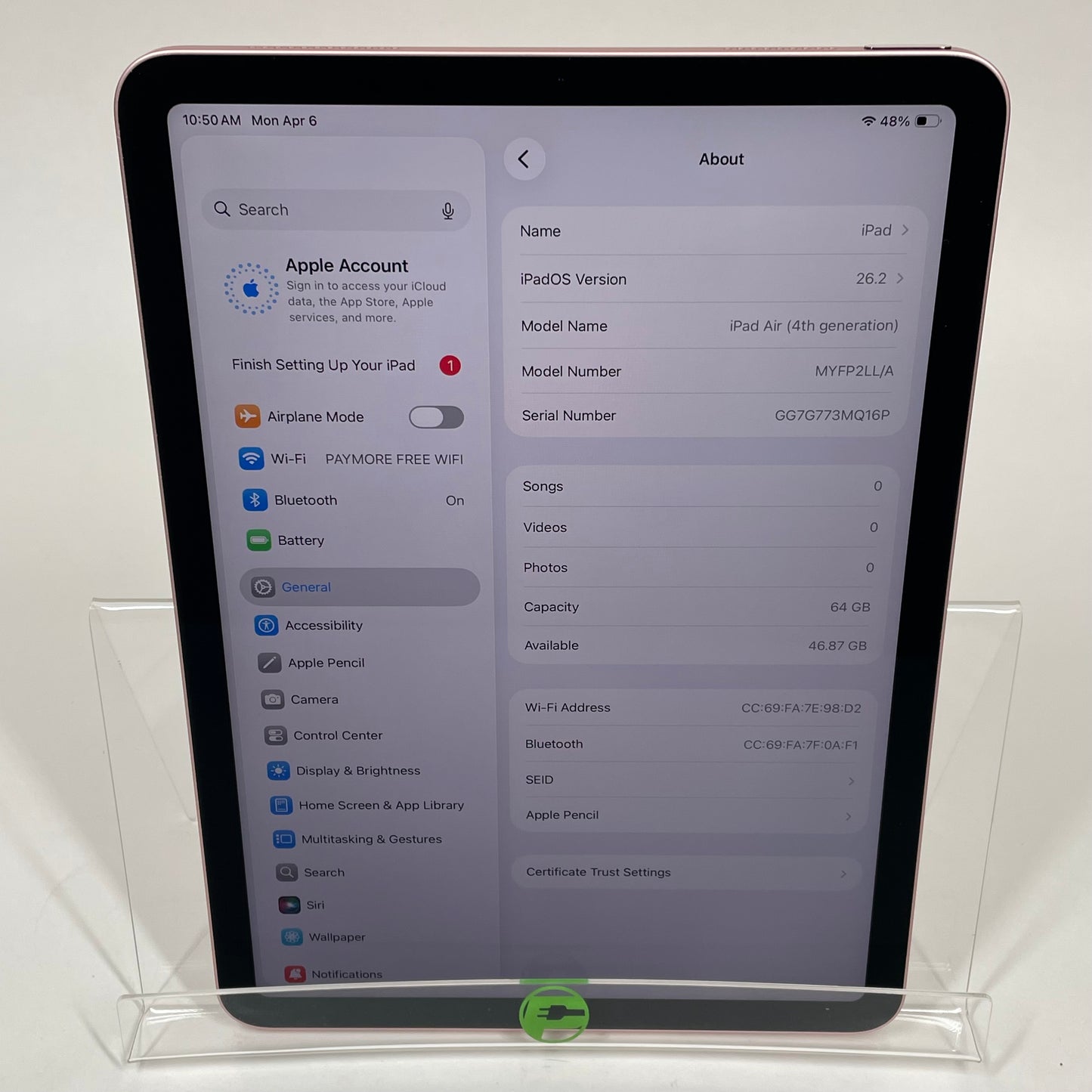 WiFi Only Apple iPad Air 4th Gen 64GB Rose Gold MYFP2LL/A