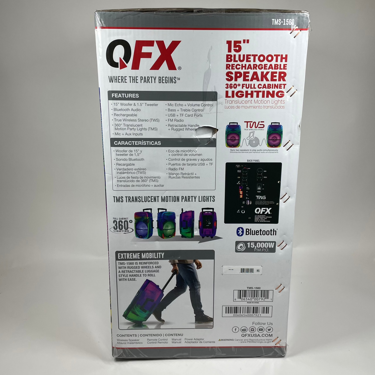 New QFX 15" Portable Bluetooth Speaker Multi-Color TMS-1560