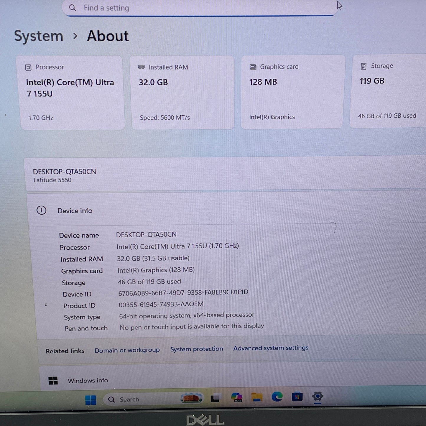 Dell Latitude 5550 15.6" Core Ultra 7 155U 1.7GHz 32GB RAM 128GB SSD