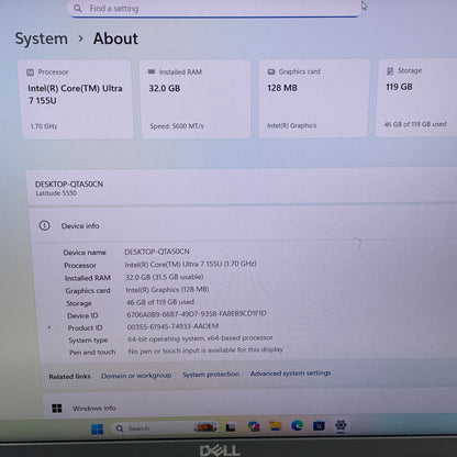Dell Latitude 5550 15.6" Core Ultra 7 155U 1.7GHz 32GB RAM 128GB SSD