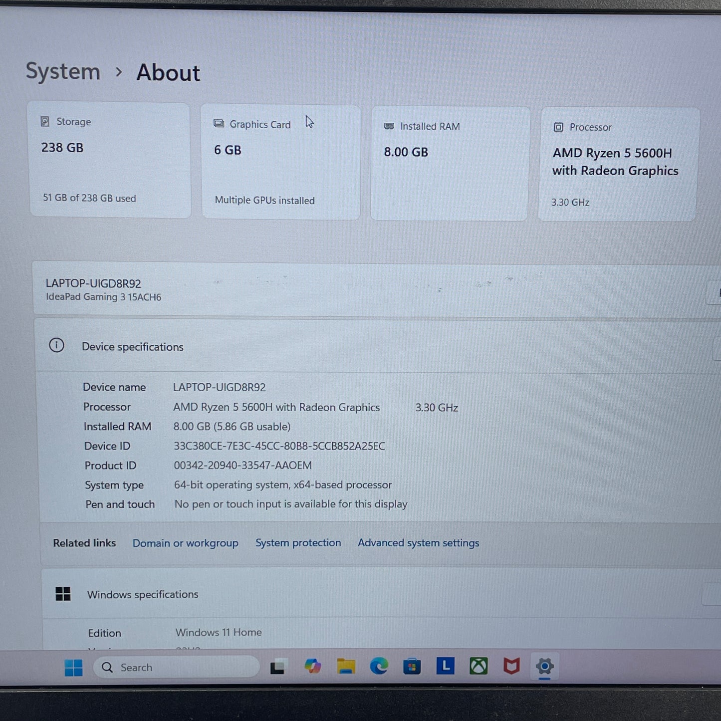 Lenovo IdeaPad 3 15ACH6 15.6" Ryzen 5 5600H 3.3GHz 8GB RAM 256GB SSD RTX 3050 Ti