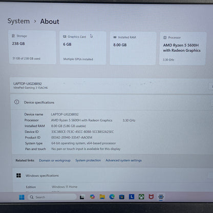 Lenovo IdeaPad 3 15ACH6 15.6" Ryzen 5 5600H 3.3GHz 8GB RAM 256GB SSD RTX 3050 Ti