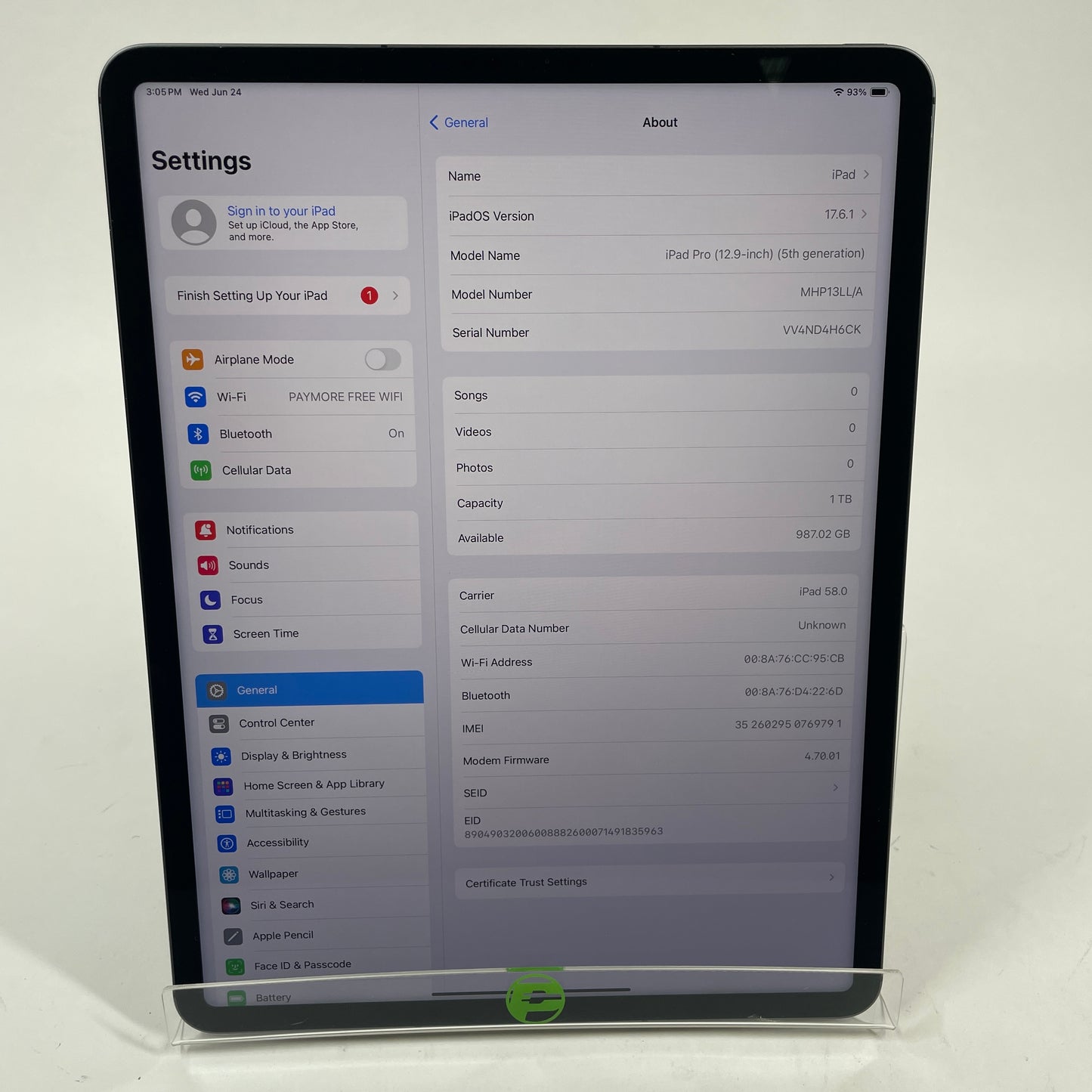 WiFi Only Apple iPad Pro 12.9" 5th Gen 1TB Silver MHNR3LL/A